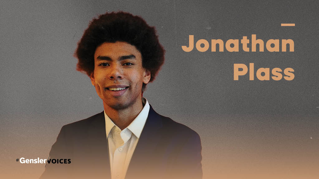 Jonathan Plass headshot with Gensler Voices overlay